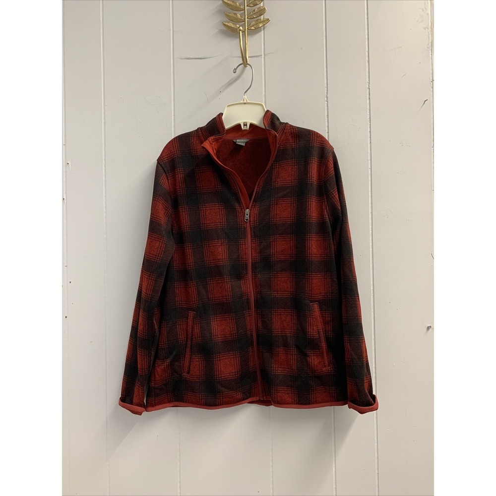 Eddie Bauer Sweater Women Large Fleece Flannel Red Black Zip Up Outdoor Coat